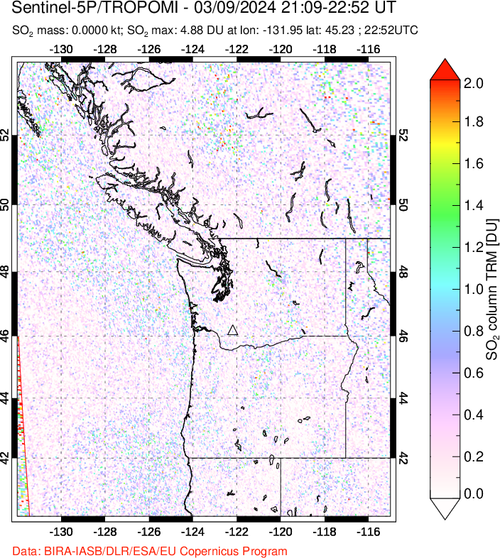 A sulfur dioxide image over Cascade Range, USA on Mar 09, 2024.