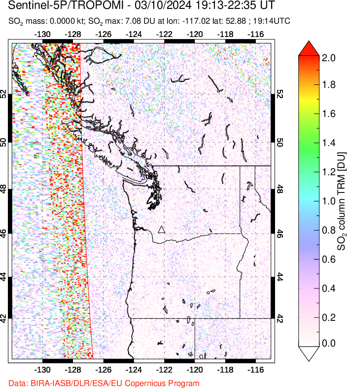 A sulfur dioxide image over Cascade Range, USA on Mar 10, 2024.