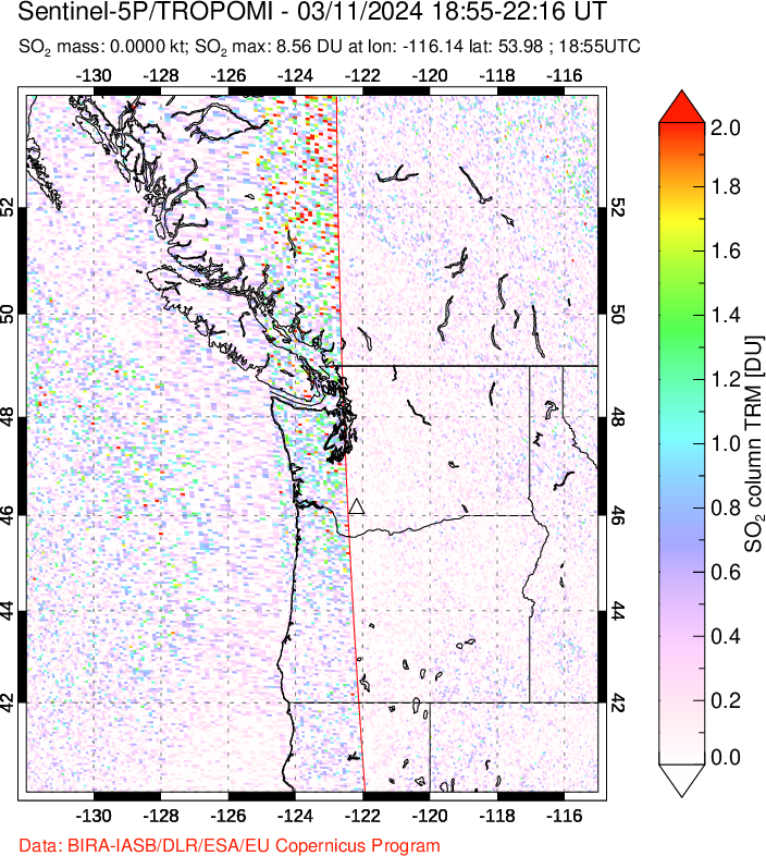 A sulfur dioxide image over Cascade Range, USA on Mar 11, 2024.