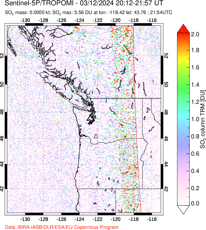 A sulfur dioxide image over Cascade Range, USA on Mar 12, 2024.