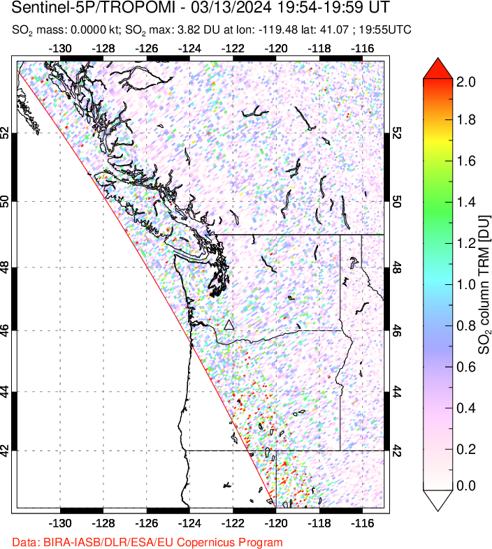 A sulfur dioxide image over Cascade Range, USA on Mar 13, 2024.