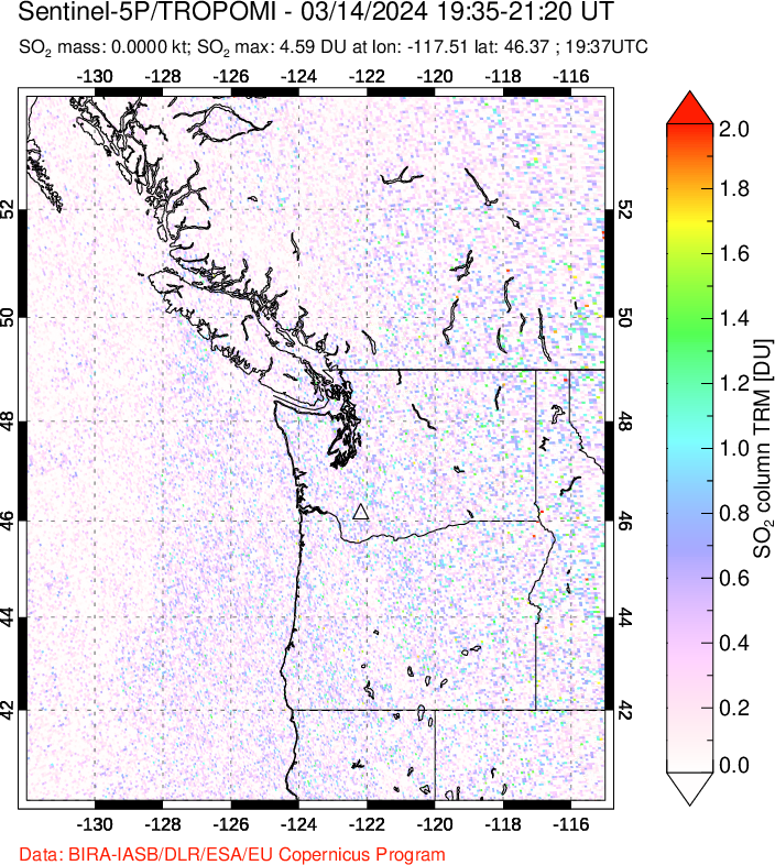 A sulfur dioxide image over Cascade Range, USA on Mar 14, 2024.