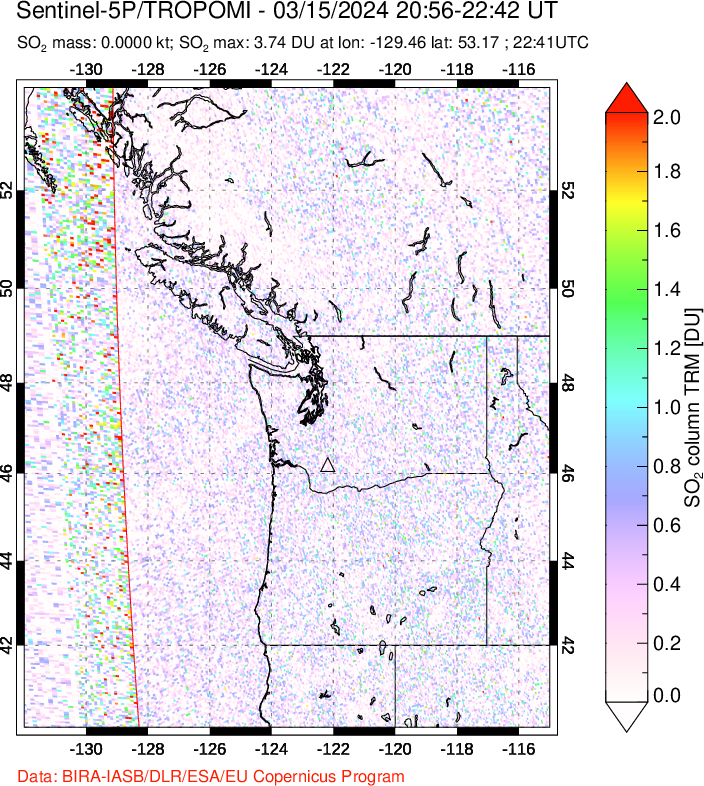 A sulfur dioxide image over Cascade Range, USA on Mar 15, 2024.