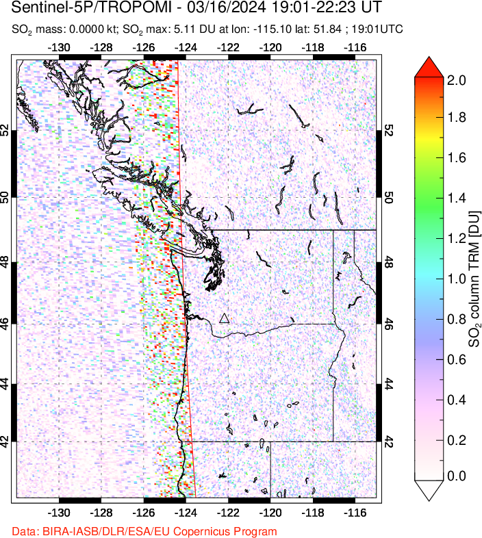 A sulfur dioxide image over Cascade Range, USA on Mar 16, 2024.