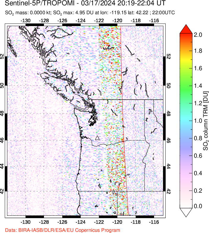 A sulfur dioxide image over Cascade Range, USA on Mar 17, 2024.