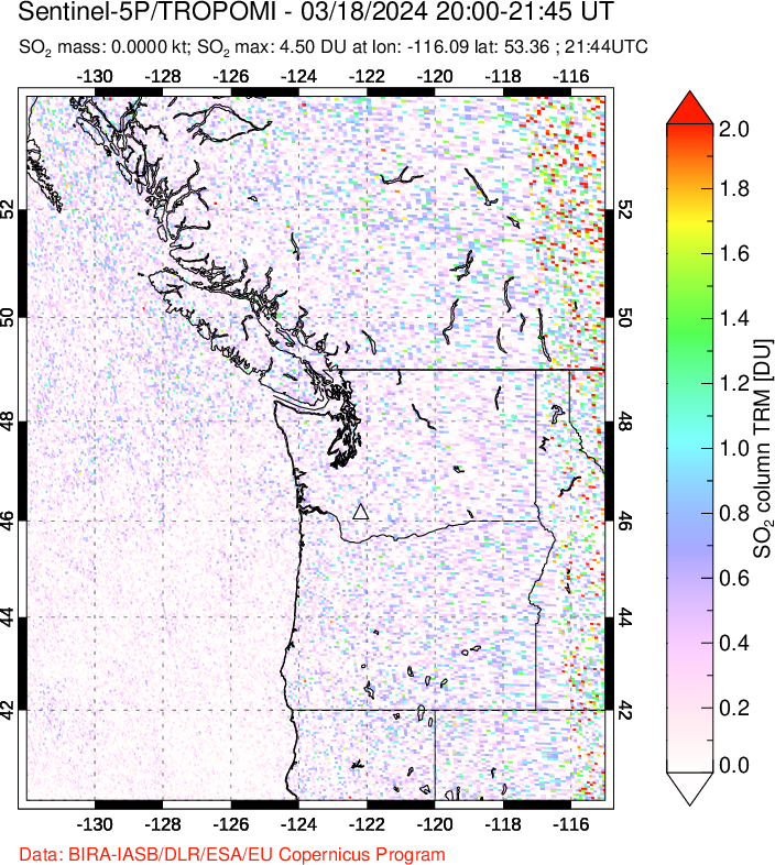 A sulfur dioxide image over Cascade Range, USA on Mar 18, 2024.