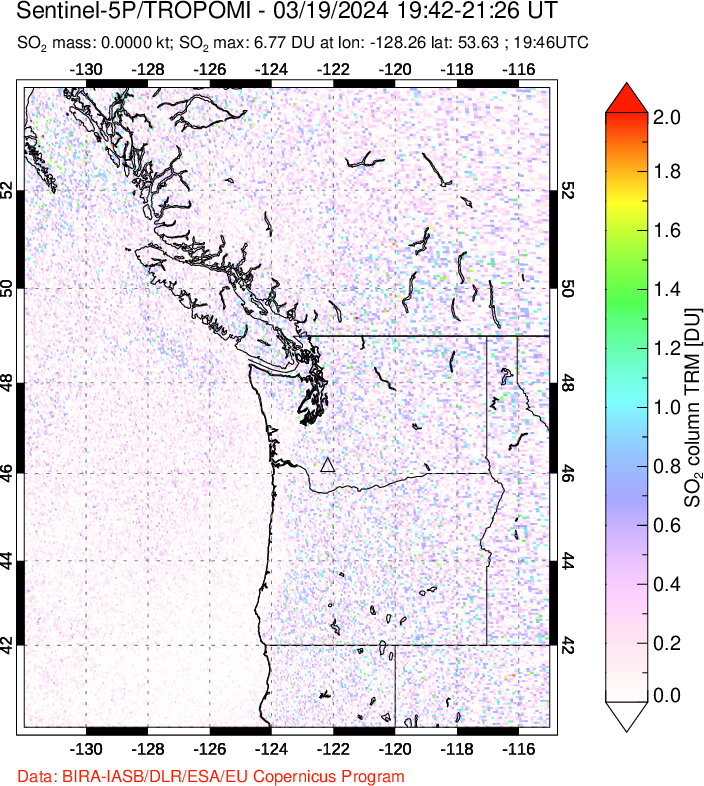 A sulfur dioxide image over Cascade Range, USA on Mar 19, 2024.