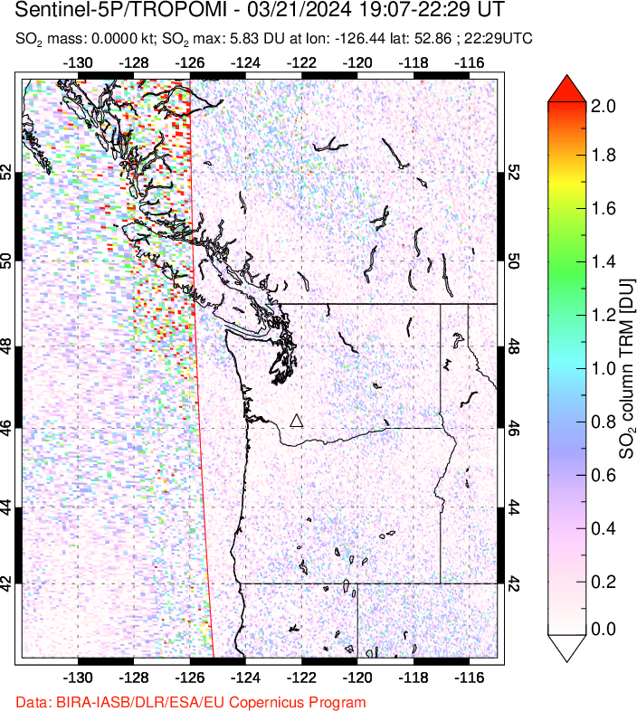 A sulfur dioxide image over Cascade Range, USA on Mar 21, 2024.