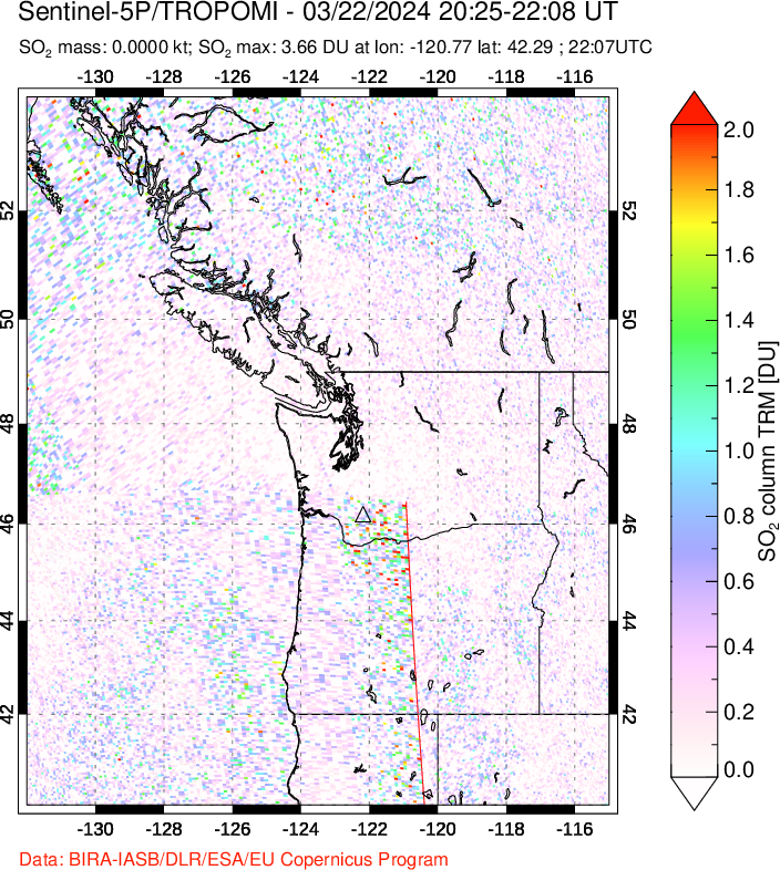 A sulfur dioxide image over Cascade Range, USA on Mar 22, 2024.