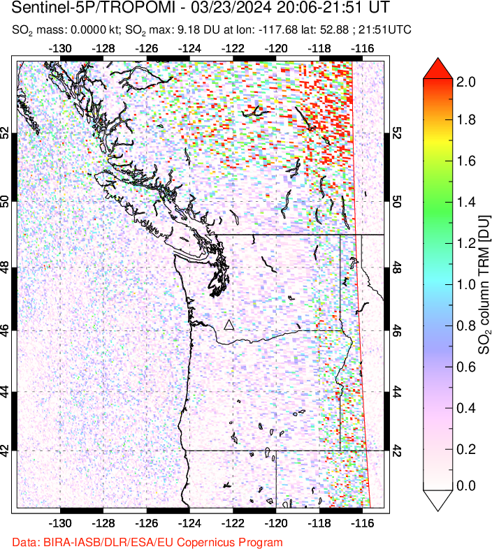 A sulfur dioxide image over Cascade Range, USA on Mar 23, 2024.