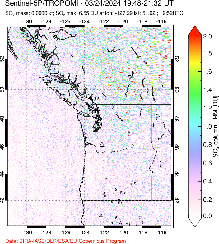 A sulfur dioxide image over Cascade Range, USA on Mar 24, 2024.