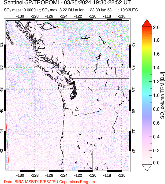 A sulfur dioxide image over Cascade Range, USA on Mar 25, 2024.