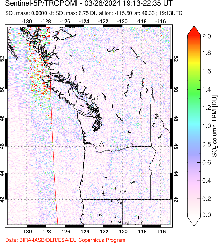 A sulfur dioxide image over Cascade Range, USA on Mar 26, 2024.