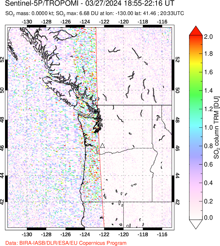 A sulfur dioxide image over Cascade Range, USA on Mar 27, 2024.