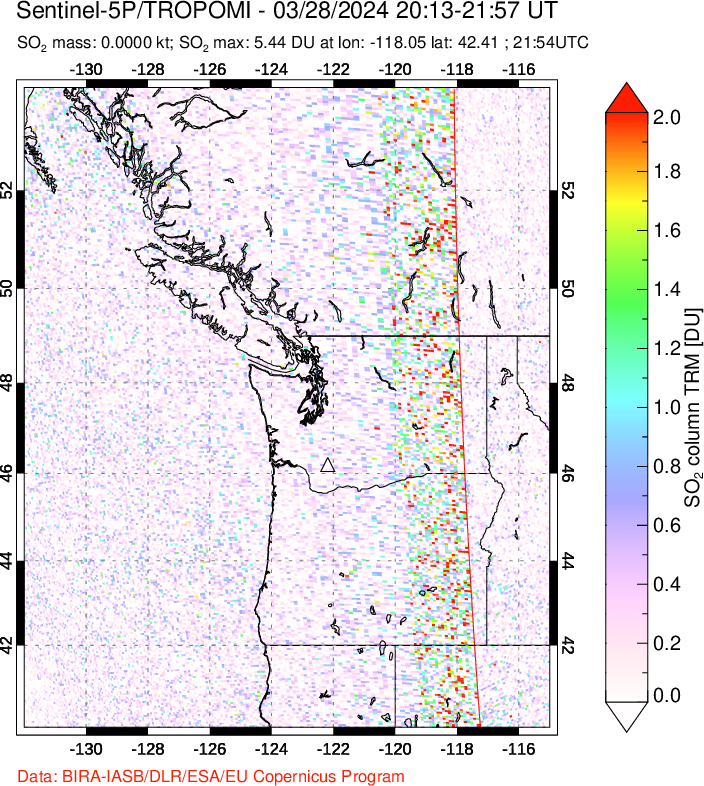 A sulfur dioxide image over Cascade Range, USA on Mar 28, 2024.