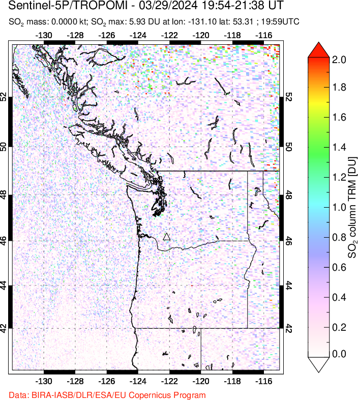 A sulfur dioxide image over Cascade Range, USA on Mar 29, 2024.