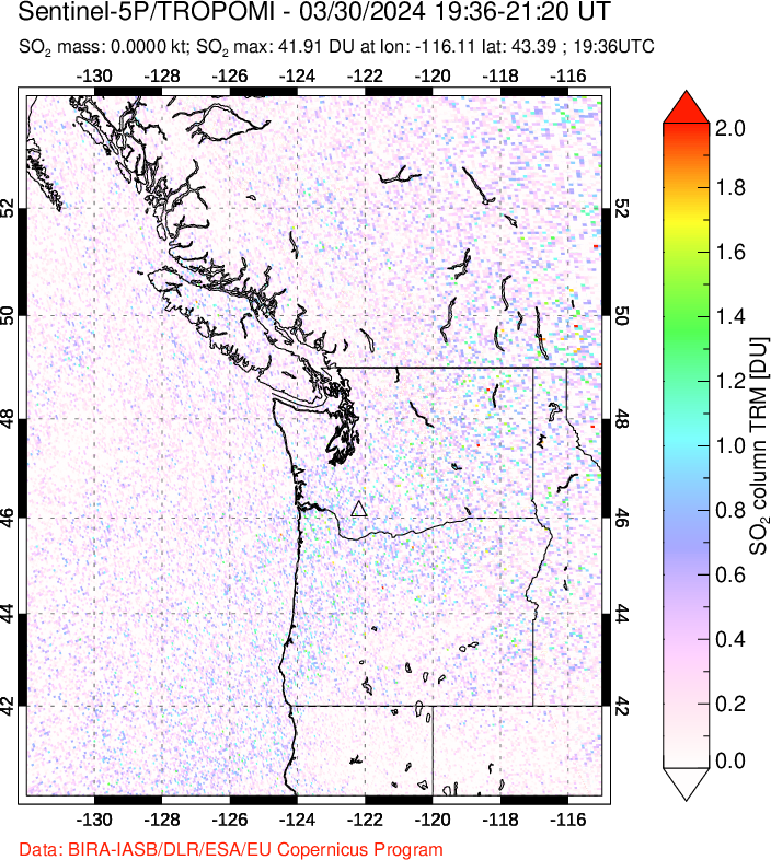 A sulfur dioxide image over Cascade Range, USA on Mar 30, 2024.