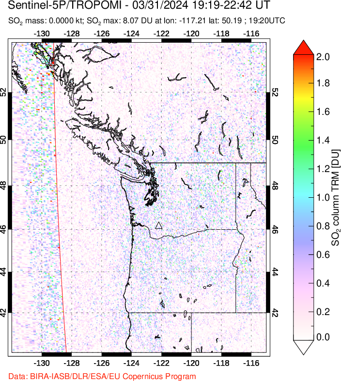 A sulfur dioxide image over Cascade Range, USA on Mar 31, 2024.