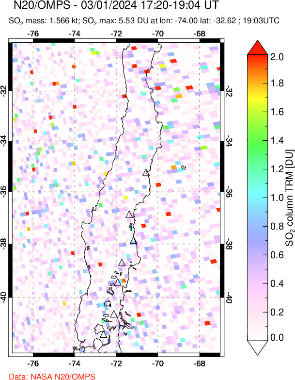 A sulfur dioxide image over Central Chile on Mar 01, 2024.