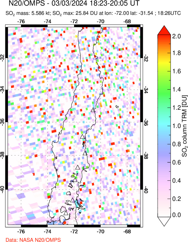 A sulfur dioxide image over Central Chile on Mar 03, 2024.