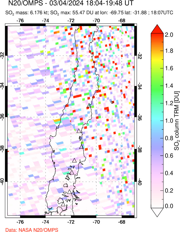 A sulfur dioxide image over Central Chile on Mar 04, 2024.