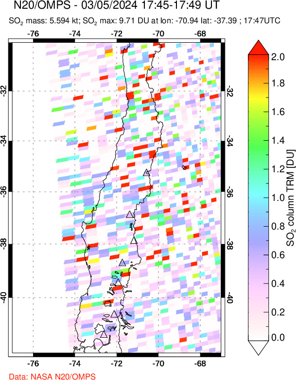 A sulfur dioxide image over Central Chile on Mar 05, 2024.