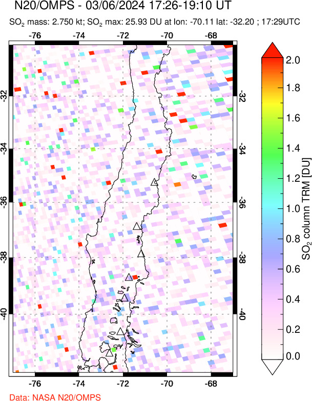 A sulfur dioxide image over Central Chile on Mar 06, 2024.