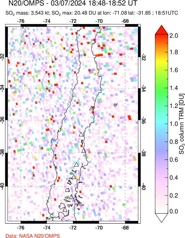 A sulfur dioxide image over Central Chile on Mar 07, 2024.