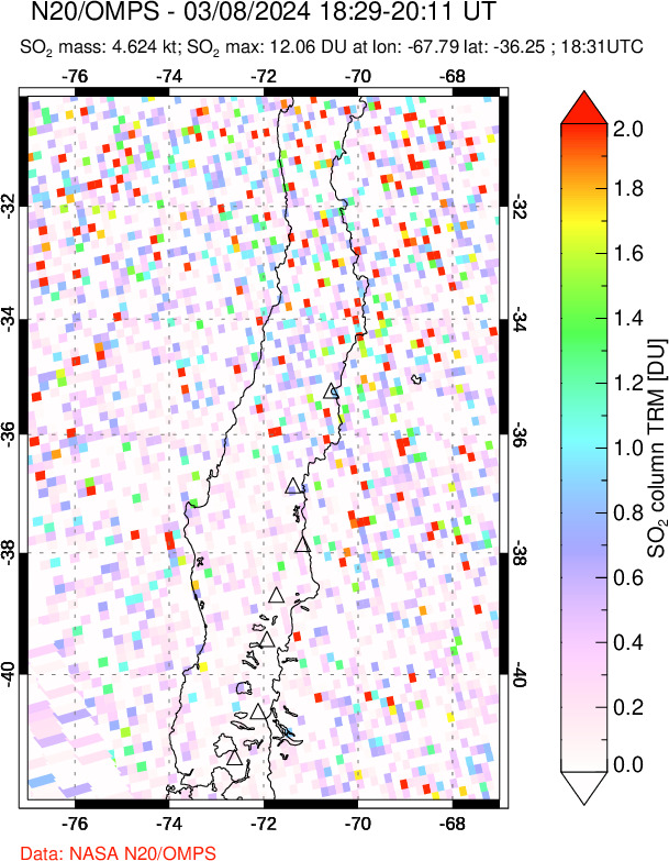 A sulfur dioxide image over Central Chile on Mar 08, 2024.