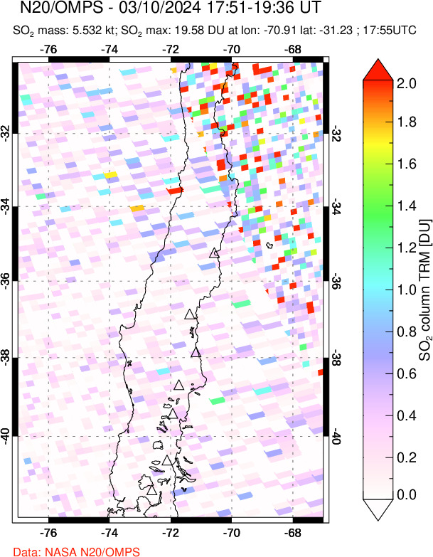 A sulfur dioxide image over Central Chile on Mar 10, 2024.