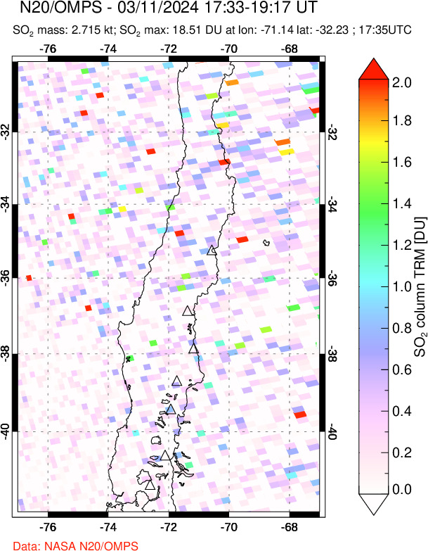 A sulfur dioxide image over Central Chile on Mar 11, 2024.