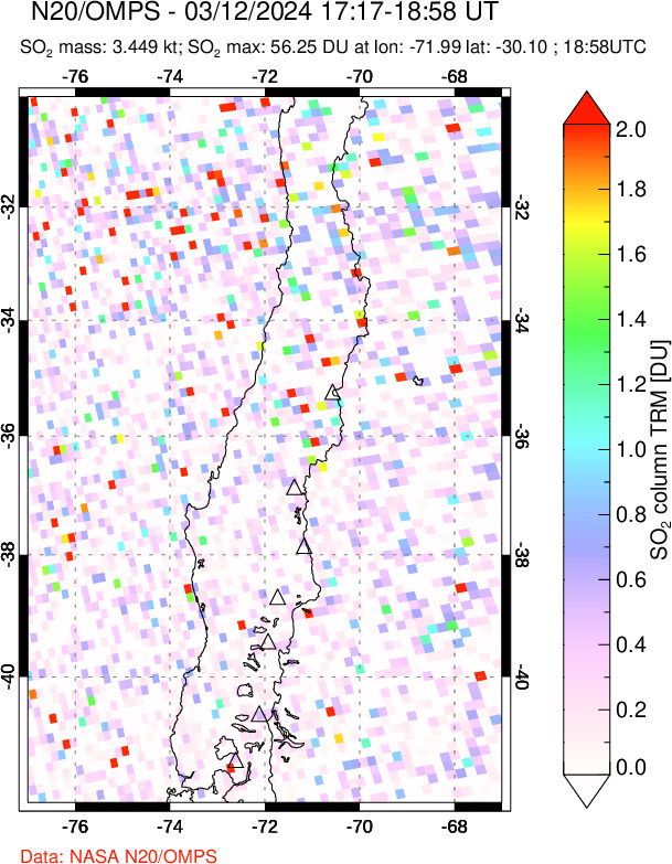 A sulfur dioxide image over Central Chile on Mar 12, 2024.