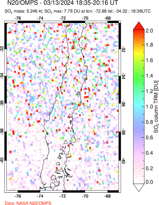 A sulfur dioxide image over Central Chile on Mar 13, 2024.