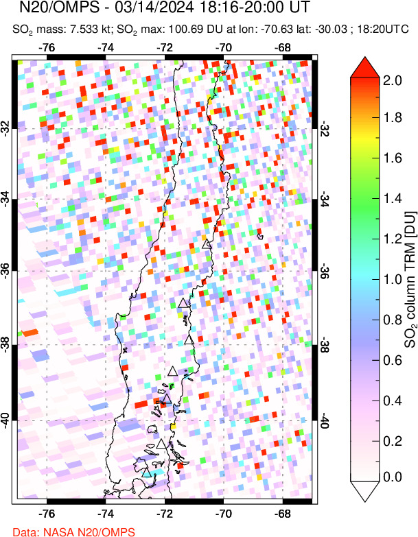 A sulfur dioxide image over Central Chile on Mar 14, 2024.