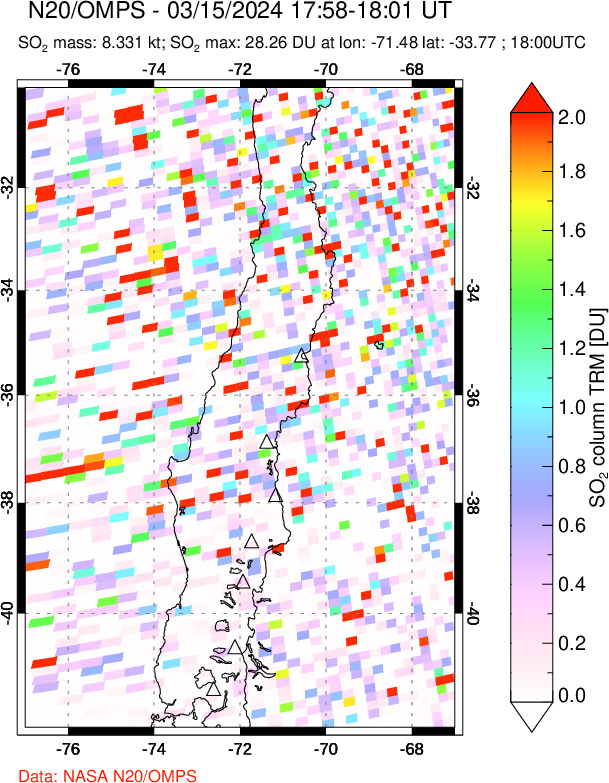 A sulfur dioxide image over Central Chile on Mar 15, 2024.