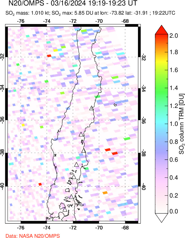 A sulfur dioxide image over Central Chile on Mar 16, 2024.