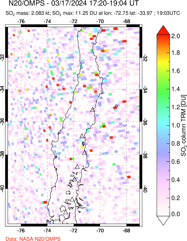 A sulfur dioxide image over Central Chile on Mar 17, 2024.