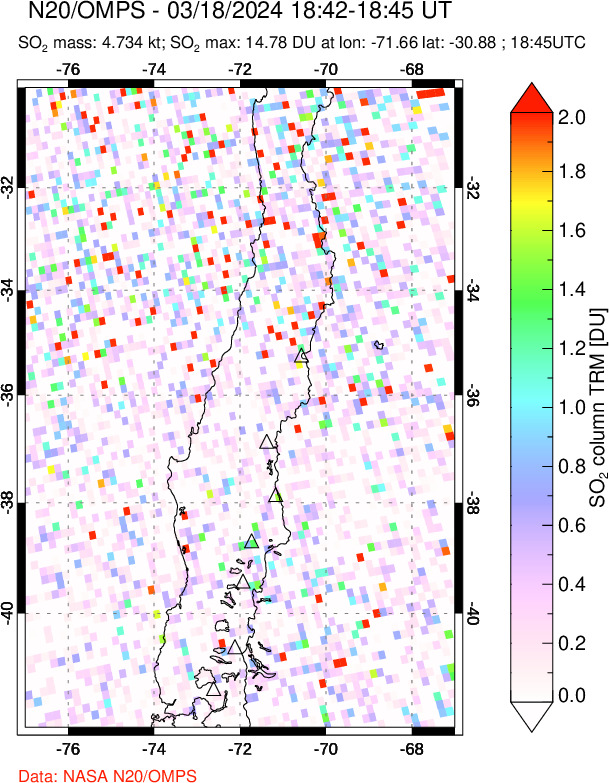 A sulfur dioxide image over Central Chile on Mar 18, 2024.