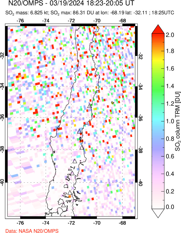 A sulfur dioxide image over Central Chile on Mar 19, 2024.