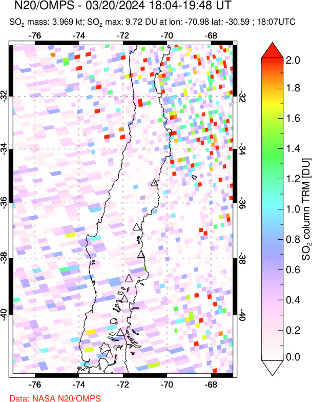 A sulfur dioxide image over Central Chile on Mar 20, 2024.