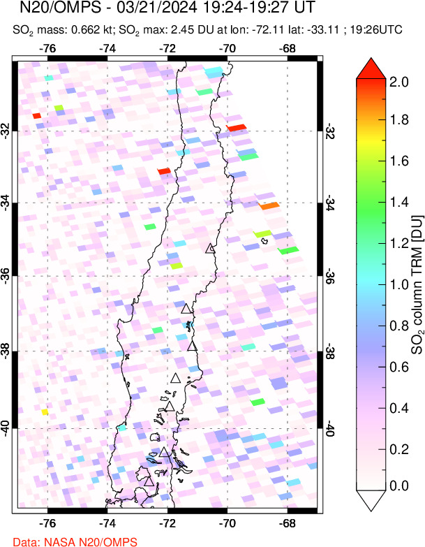 A sulfur dioxide image over Central Chile on Mar 21, 2024.