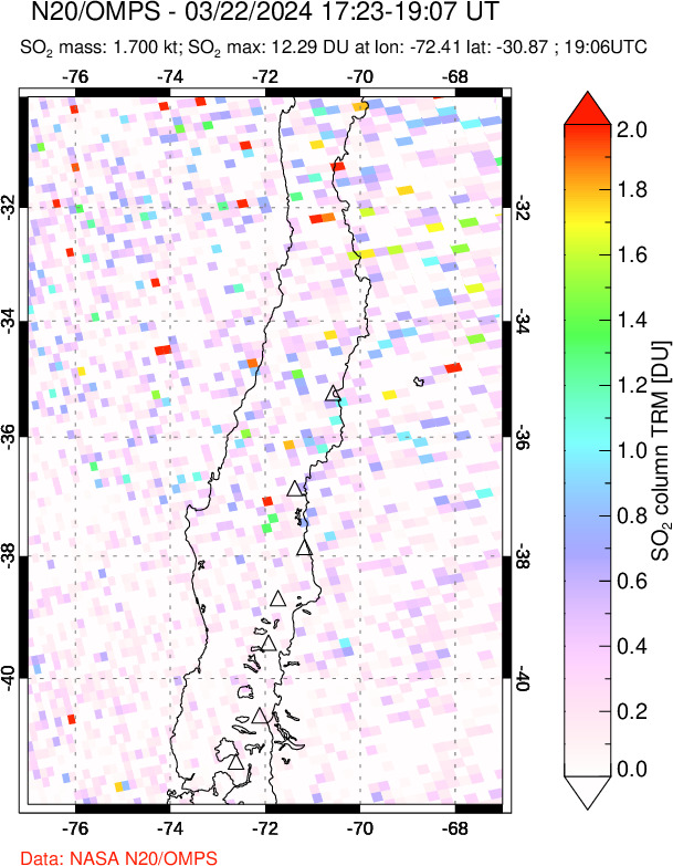 A sulfur dioxide image over Central Chile on Mar 22, 2024.