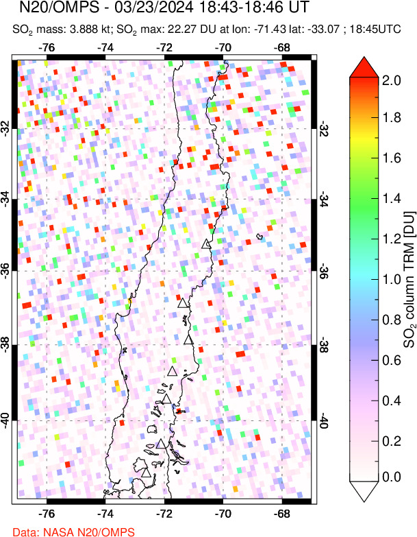 A sulfur dioxide image over Central Chile on Mar 23, 2024.