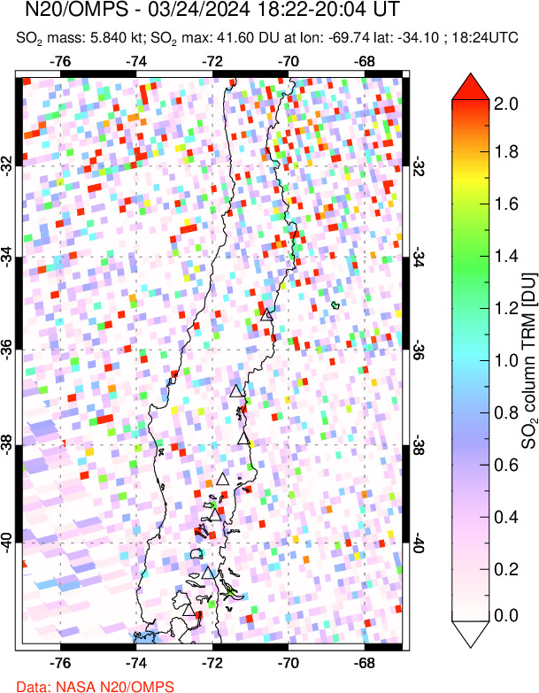 A sulfur dioxide image over Central Chile on Mar 24, 2024.