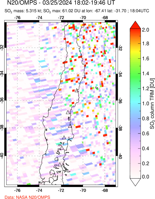 A sulfur dioxide image over Central Chile on Mar 25, 2024.