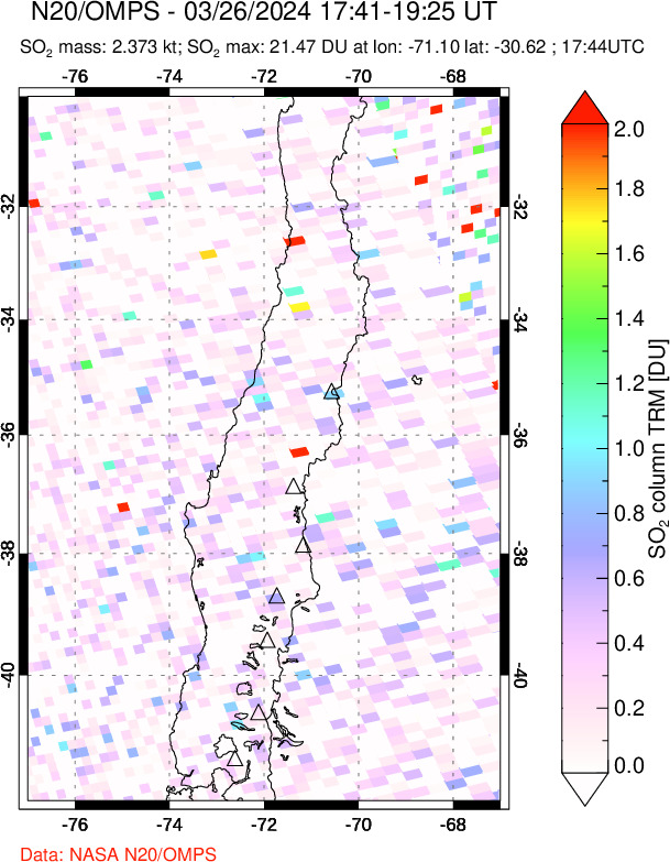 A sulfur dioxide image over Central Chile on Mar 26, 2024.