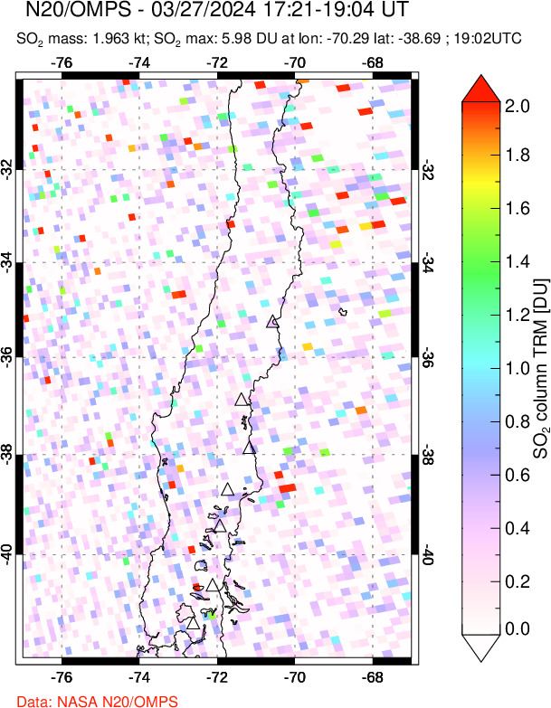 A sulfur dioxide image over Central Chile on Mar 27, 2024.