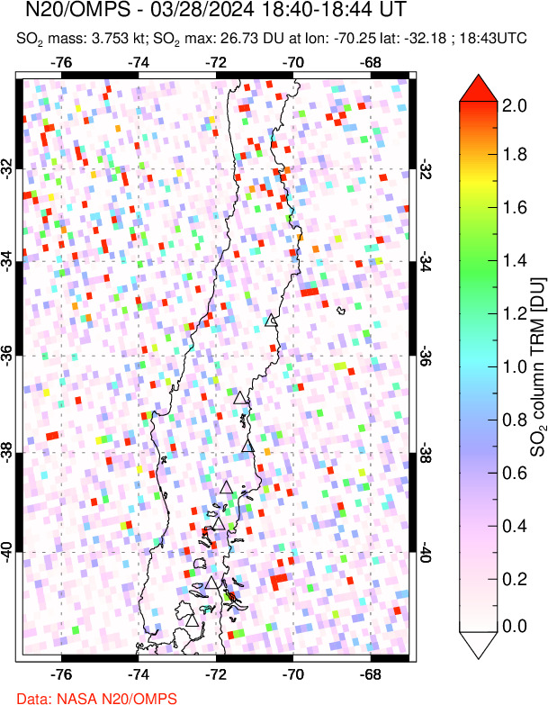 A sulfur dioxide image over Central Chile on Mar 28, 2024.