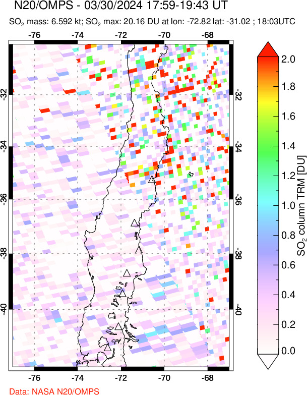 A sulfur dioxide image over Central Chile on Mar 30, 2024.