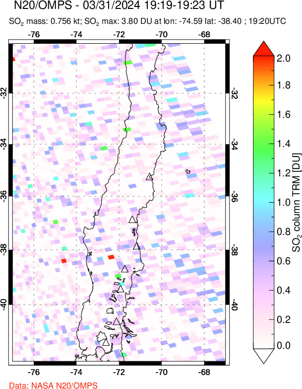 A sulfur dioxide image over Central Chile on Mar 31, 2024.